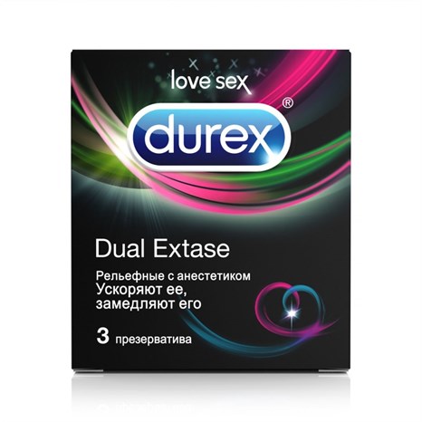 Рельефные презервативы с анестетиком Durex Dual Extase - 3 шт. - фото 398661