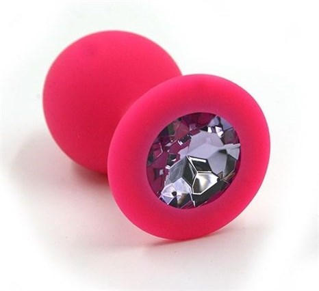 Розовая силиконовая анальная пробка с светло-фиолетовым кристаллом - 7 см. - фото 400207