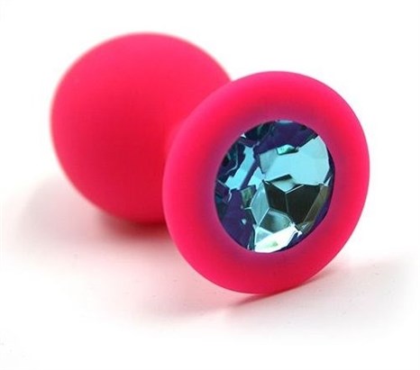 Розовая силиконовая анальная пробка с голубым кристаллом - 7 см. - фото 400211