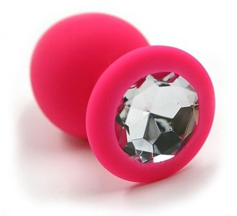 Розовая силиконовая анальная пробка с прозрачным кристаллом - 7 см. - фото 400212