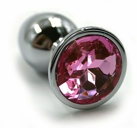 Серебристая алюминиевая анальная пробка с светло-розовым кристаллом - 7 см. - фото 400227