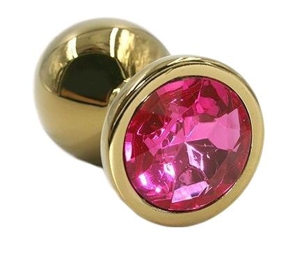 Золотистая алюминиевая анальная пробка с ярко-розовым кристаллом - 6 см. - фото 400245