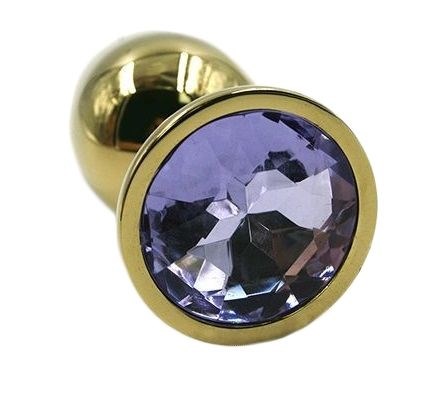 Золотистая алюминиевая анальная пробка с светло-фиолетовым кристаллом - 6 см. - фото 400251