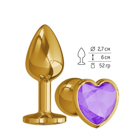 Золотистая анальная втулка с фиолетовым кристаллом-сердцем - 7 см. - фото 402509