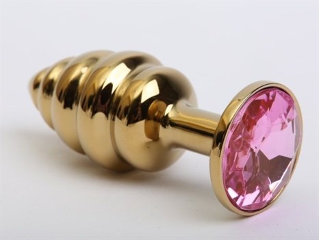 Золотистая рифлёная пробка с розовым стразом - 8,2 см. - фото 402608