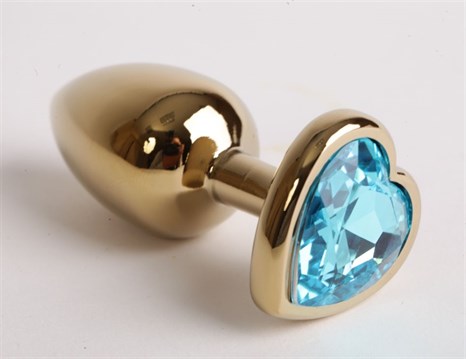 Золотистая анальная пробка с голубым кристаллом-сердцем - 9 см. - фото 402633