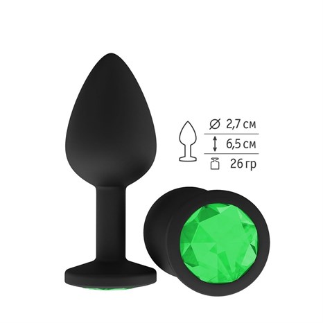 Чёрная анальная втулка с зеленым кристаллом - 7,3 см. - фото 403941