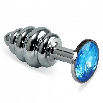Серебристая фигурная анальная пробка с голубым кристаллом - 8,5 см. - фото 404264