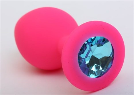 Розовая силиконовая анальная пробка с голубым стразом - 9,5 см. - фото 404288