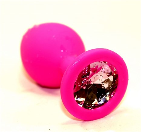 Розовая силиконовая анальная пробка с розовым стразом - 9,5 см. - фото 404289
