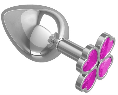 Серебристая анальная пробка-клевер с розовым кристаллом - 9,5 см. - фото 405668