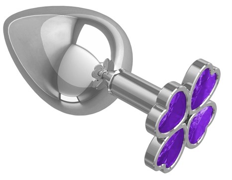 Серебристая анальная пробка-клевер с фиолетовым кристаллом - 9,5 см. - фото 405672