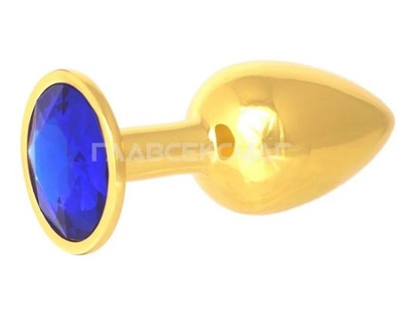 Золотистая анальная пробка с синим кристаллом - 7 см. - фото 407033