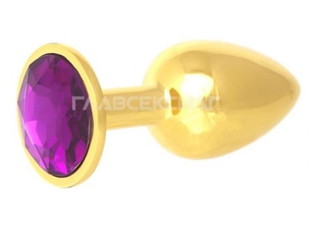 Золотистая анальная пробка с фиолетовым кристаллом - 7 см. - фото 407036