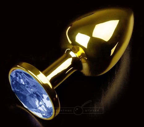 Золотистая анальная втулка с синим стразом - 7 см. - фото 407272