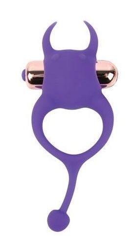 Фиолетовое эрекционное виброкольцо с рожками и хвостиком - фото 408208