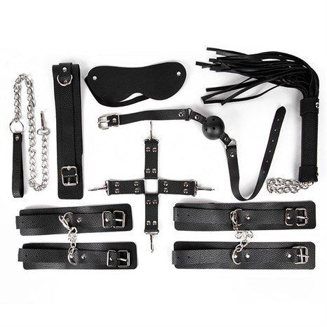Большой черный набор БДСМ: наручники, оковы, ошейник с поводком, кляп, маска, плеть, фиксатор - фото 408452