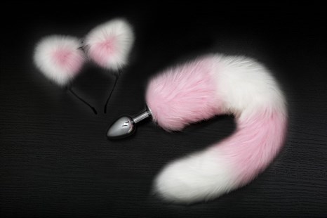 Серебристая анальная пробка с розово-белым хвостиком и ободком-ушками - фото 408918