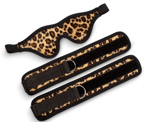 Черно-леопардовый комплект: наручники на липучке и маска без прорезей - фото 409222