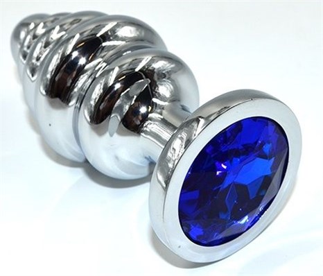 Серебристая анальная пробка из нержавеющей стали с синим кристаллом - 8,8 см. - фото 409472