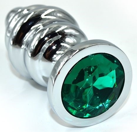 Серебристая анальная пробка из нержавеющей стали с зеленым кристаллом - 8,8 см. - фото 409473