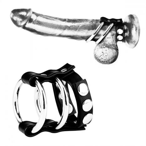 Двойное металлическое кольцо на пенис с регулируемым ремешком - фото 409503
