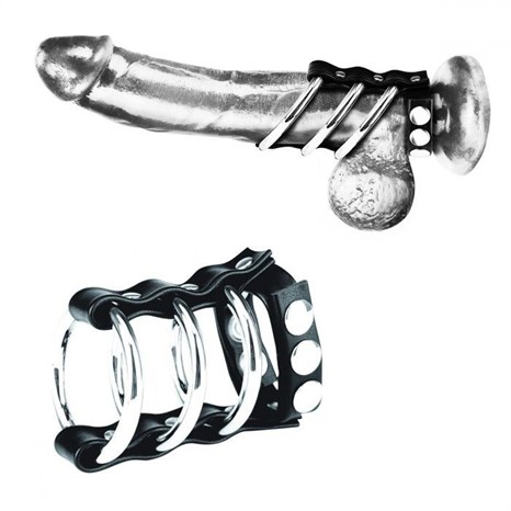 Тройное металлическое кольцо на пенис с регулируемым ремешком - фото 409505