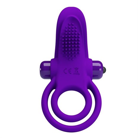 Фиолетовое силиконовое эрекционное кольцо с вибрацией и подхватом мошонки - фото 411098