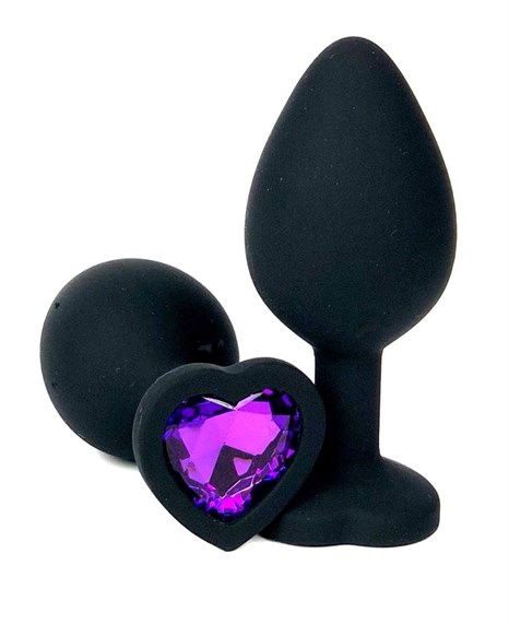 Черная силиконовая пробка с фиолетовым кристаллом-сердцем - 8 см. - фото 411354