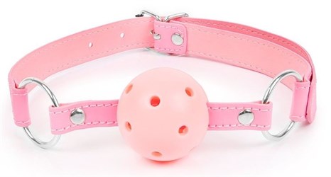 Розовый кляп-шарик на регулируемом ремешке с кольцами - фото 412366