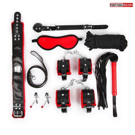 Стильный черно-красный набор БДСМ: маска, кляп, зажимы, плётка, ошейник, наручники, оковы, верёвка - фото 412636