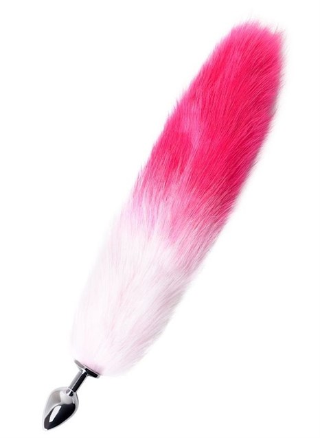 Серебристая анальная втулка с бело-розовым хвостом - размер M - фото 412969