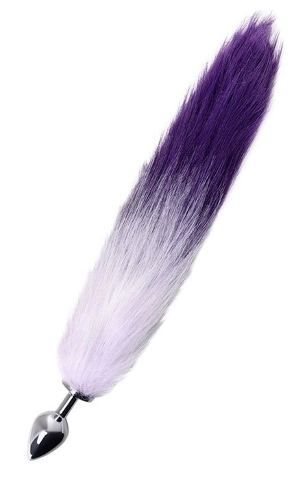 Серебристая металлическая анальная втулка с фиолетово-белым хвостом - размер M - фото 413036