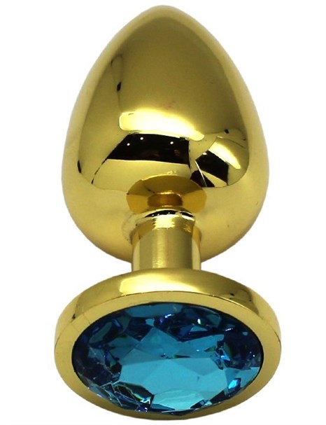 Золотистая анальная пробка с голубым кристаллом - 9 см. - фото 417342