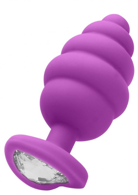 Фиолетовая анальная пробка Large Ribbed Diamond Heart Plug - 8 см. - фото 419523