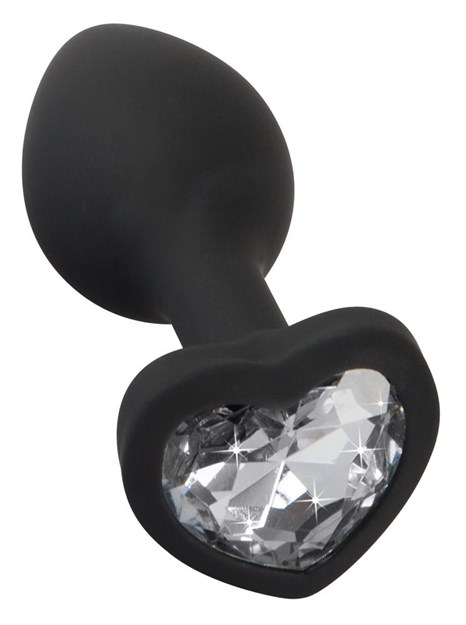Черная силиконовая анальная пробка с прозрачным стразом-сердечком - 7,3 см. - фото 422317