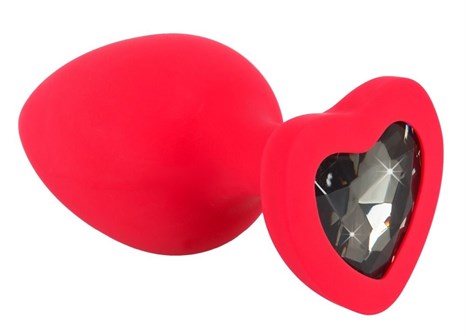 Красная силиконовая анальная пробка с черным стразом-сердечком - 9,3 см. - фото 422321