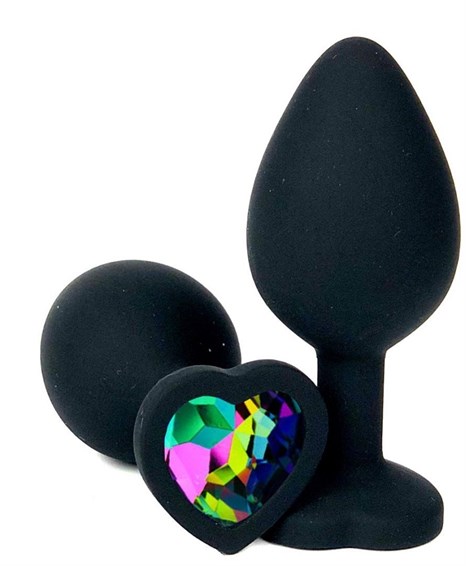 Черная силиконовая пробка с разноцветным кристаллом-сердечком - 9,5 см. - фото 423709