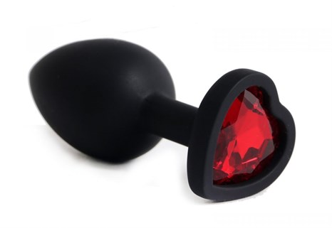 Черная анальная силиконовая пробка с красным стразом-сердцем - 7,5 см. - фото 425979