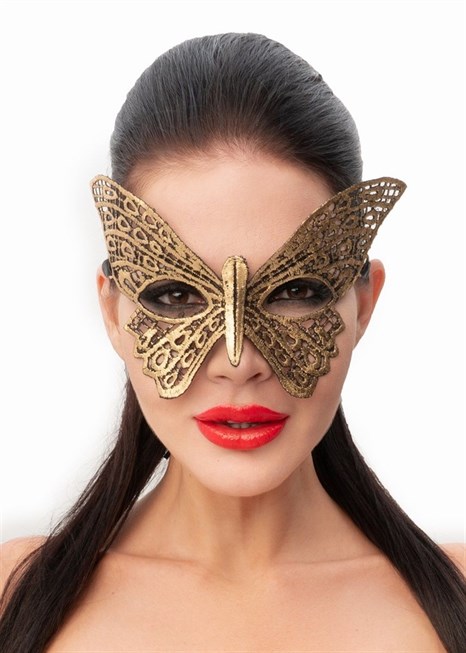 Золотистая женская карнавальная маска в форме бабочки - фото 427471