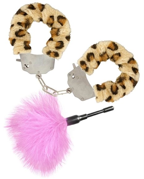 Эротический набор: леопардовые наручники и розовая пуховка - фото 427748