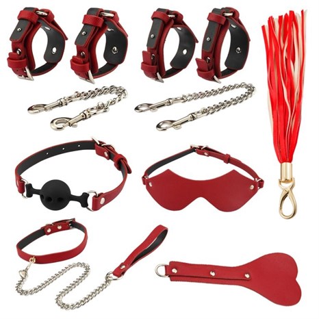 Оригинальный БДСМ-набор из 9 предметов в красной кожаной сумке - фото 429463