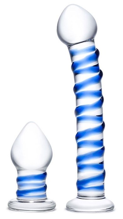 Набор из 2 стеклянных игрушек с синей спиралью Swirly Dildo   Buttplug Set - фото 429895