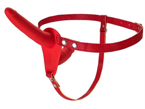 Красный страпон на ремнях с вагинальной пробкой - 15 см. - фото 432208