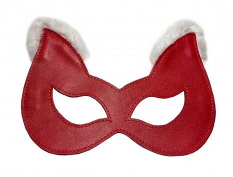 Красная маска из натуральной кожи с белым мехом на ушках - фото 432837