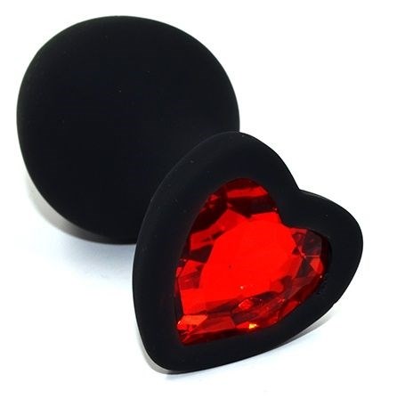 Черная анальная силиконовая пробка с красным кристаллом в форме сердца - 8,8 см. - фото 442114