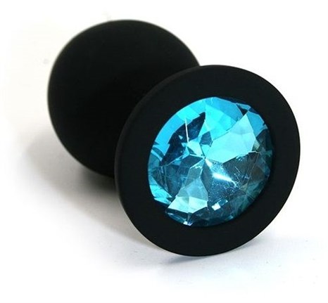 Чёрная силиконовая анальная пробка с голубым кристаллом - 7 см. - фото 442158