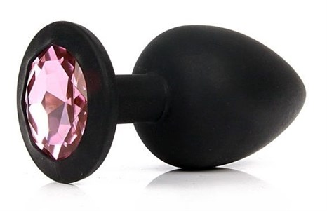 Чёрная силиконовая пробка с розовым кристаллом размера L - 9,2 см. - фото 443405