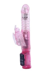 Розовый вибратор с ротацией, функцией Up&Down и клиторальным отростком - 23,5 см.