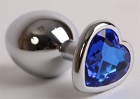Серебристая анальная пробка с синим кристаллом-сердцем - 9 см.